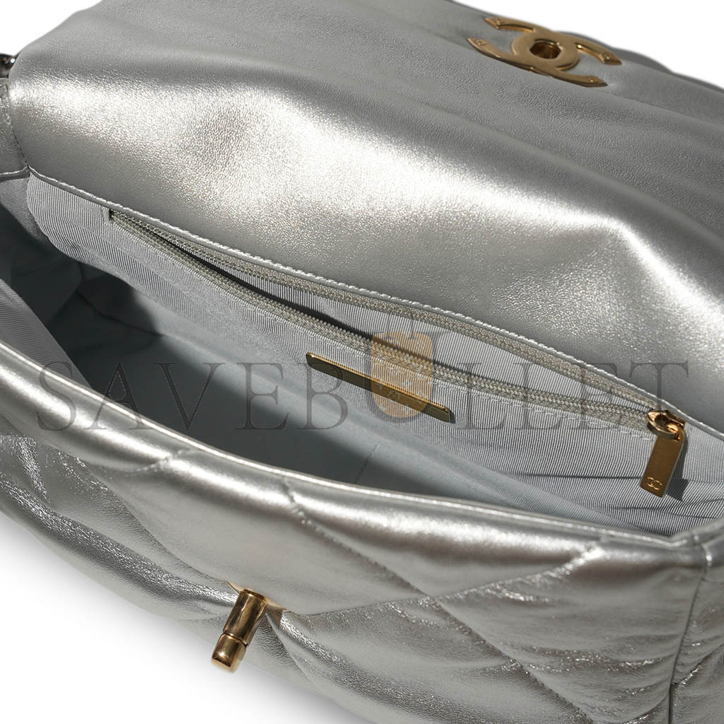 Ch*el 19 flap bag silver quilted lambskin gold and ruthenium hardware as1160 (26*16*9cm)